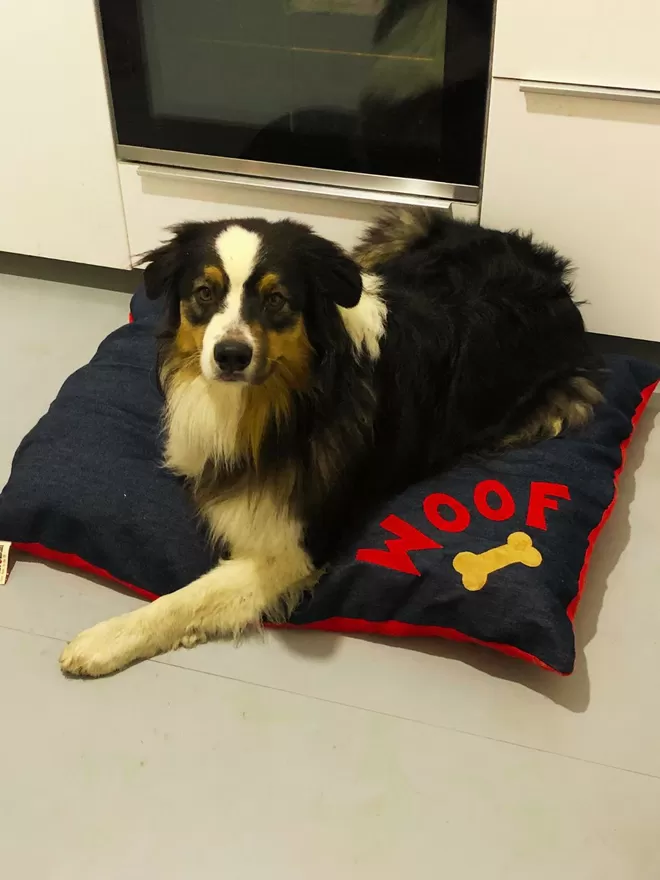 Denim Dog Bed with Red Woof and Australian Shepherd