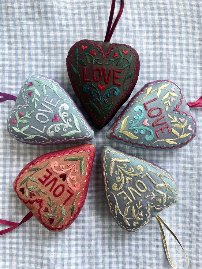 "LOVE" embroidered silk ornaments with hearts, leaves and scalloped edge