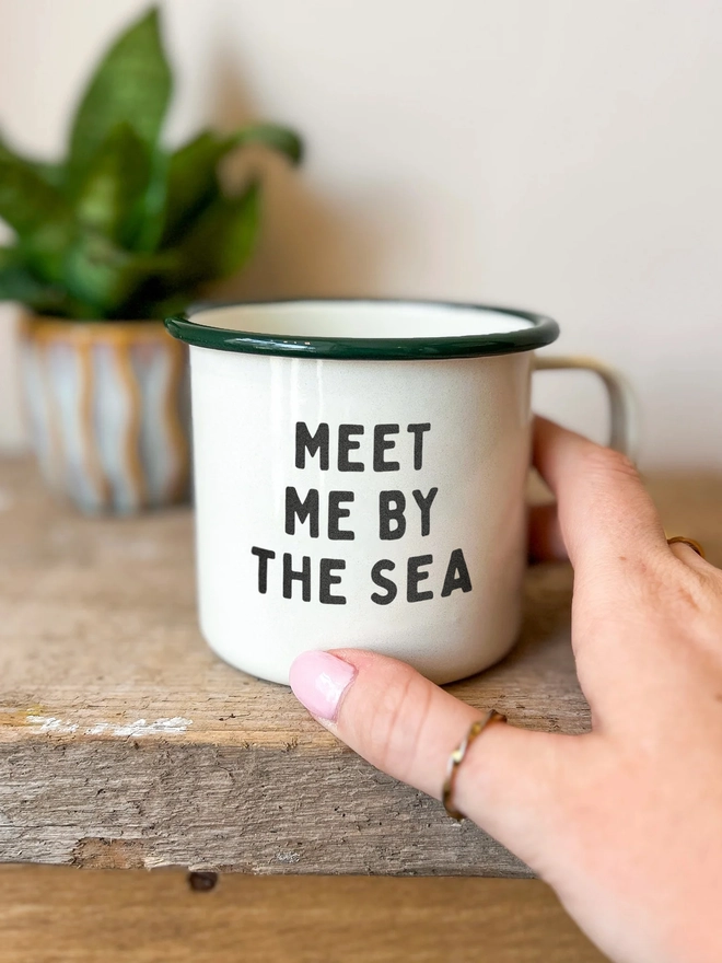 Meet me by the sea etched enamel mug