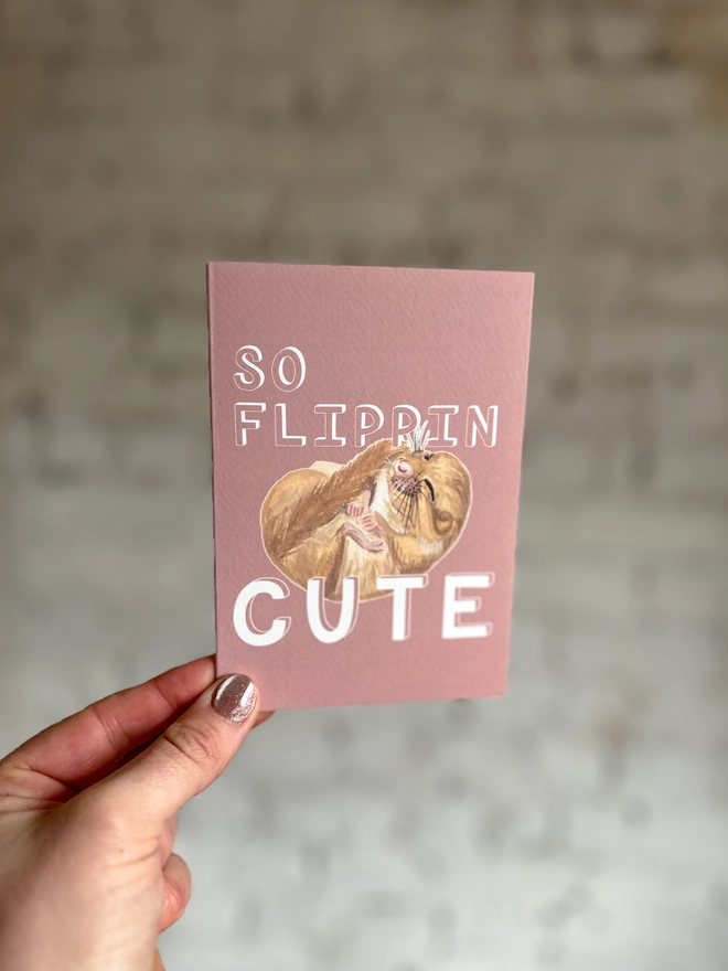 a dusty pink greetings card featuring an illustration of a sleeping mouse with the text “so flippin cute”