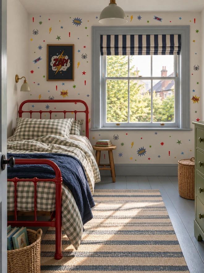 Ducks In A Row Spider Superhero Fabric Wall Stickers in Boys bedroom with red metal bed, gingham bedding, striped blind
