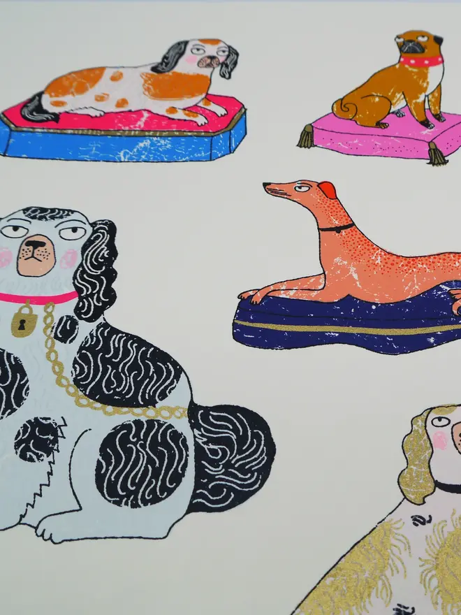 Staffordshire Pottery Dogs Screenprint Twelve Angry Dogs, a collection of colourful dog designs on a white screenprint. 