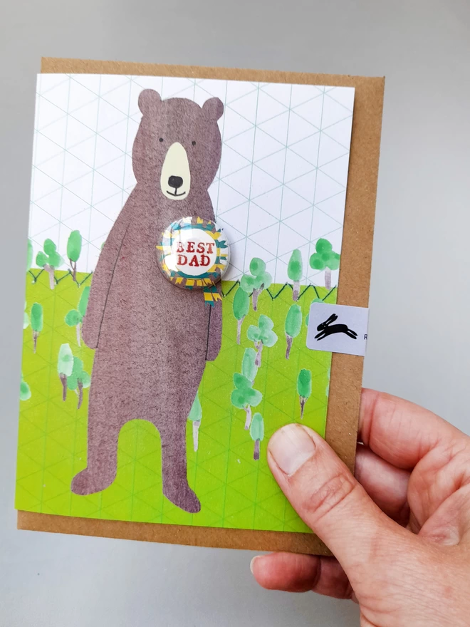 Bear best Dad greeting card with badge