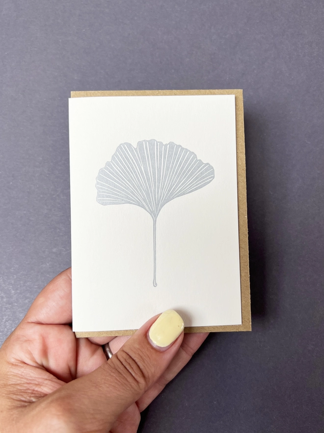 The beautiful Metallic silver Ginkgo on a small card with envelope