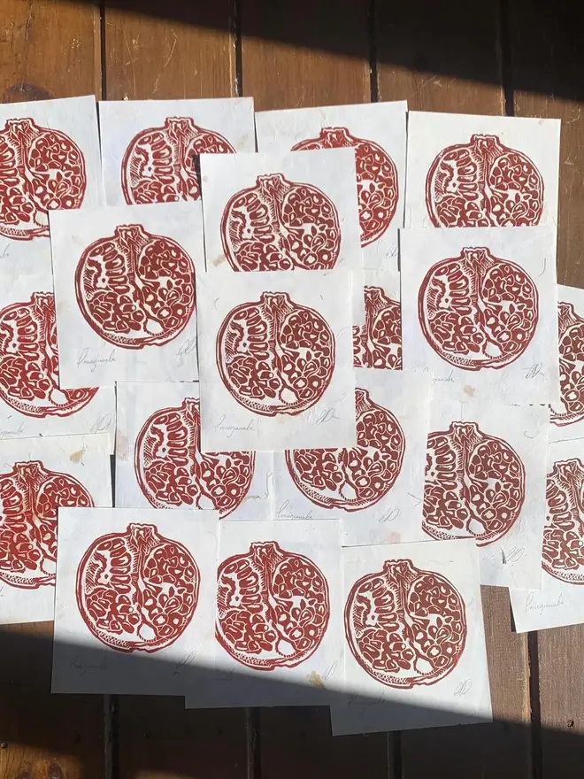Lino Print Pomegranate On Handmade Paper