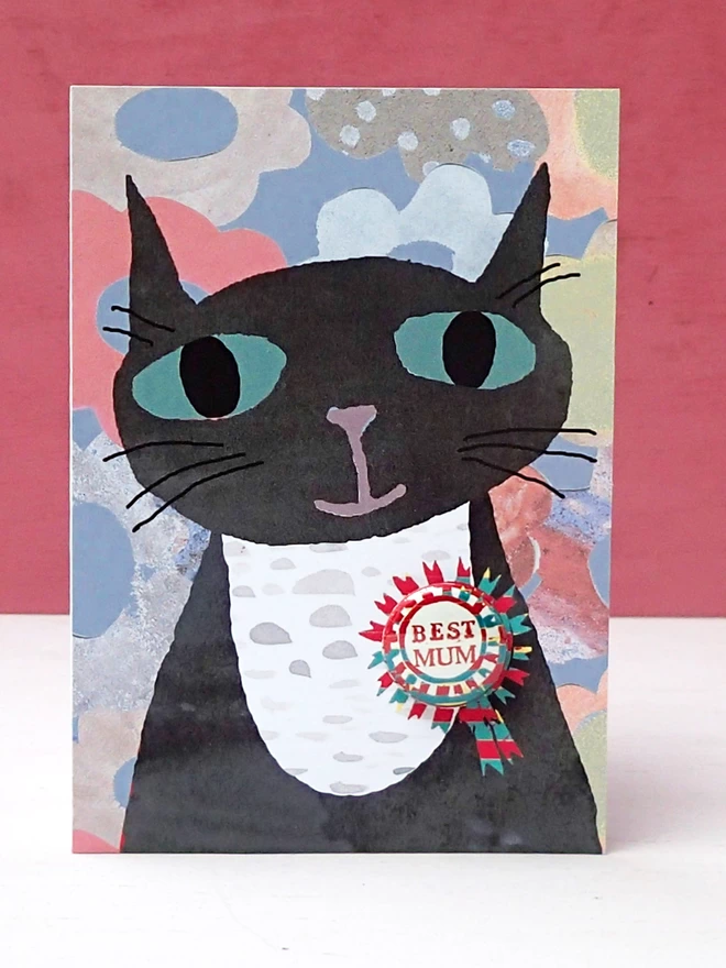 Cat best mum greeting card with pin badge