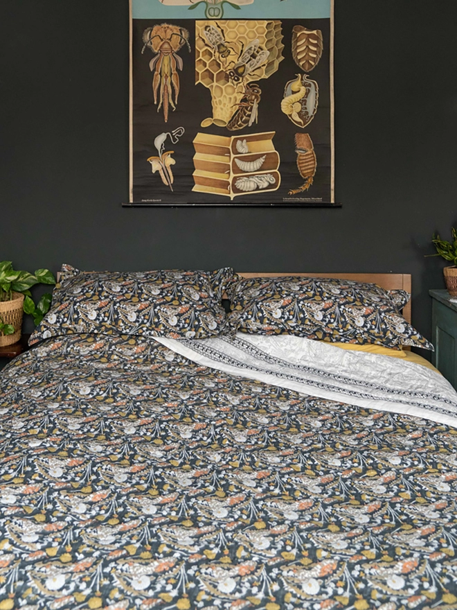AARVEN Indian hand wood block printed kantha quilt bedding 'Garden Tiger Moth'