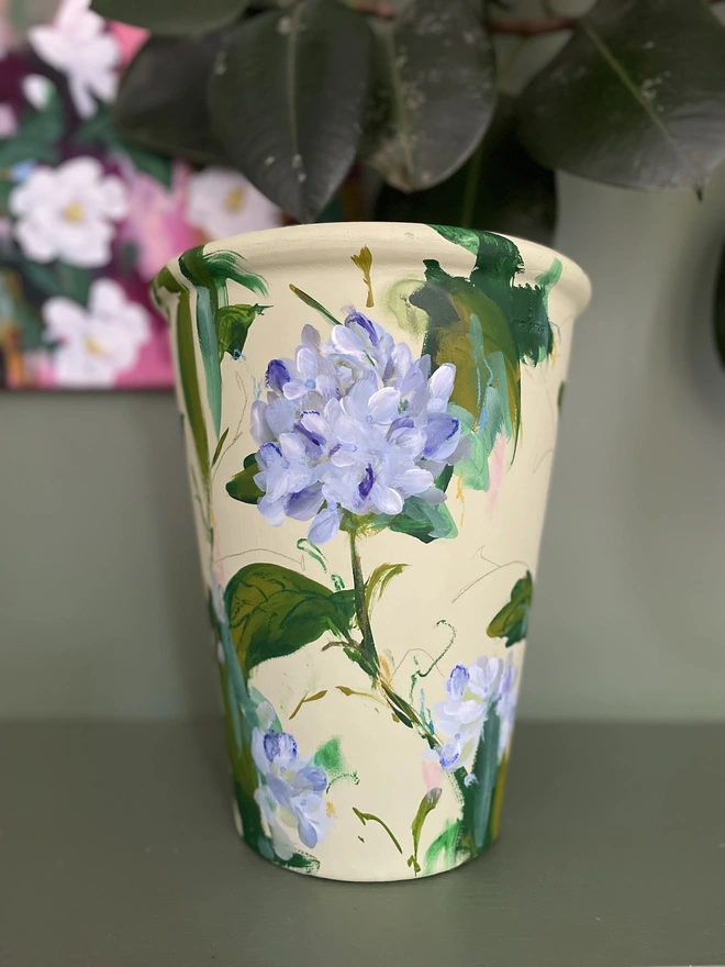 Pale green hand painted flora hydrangea plant pot 