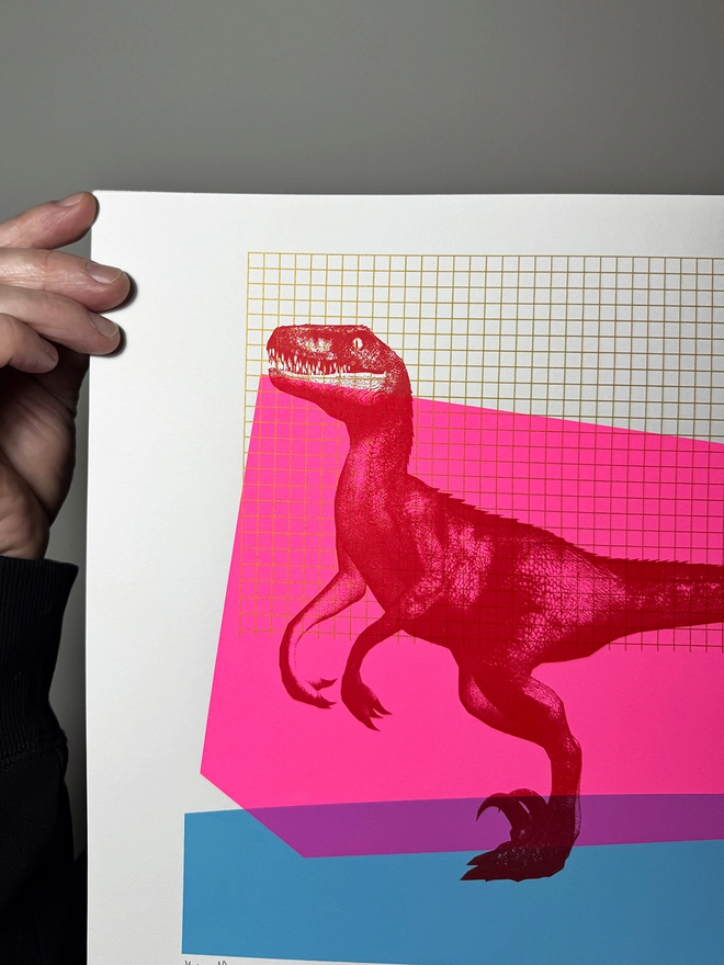 Rave Raptor_A3 Screen Printed Poster_Holly and Co_left close up