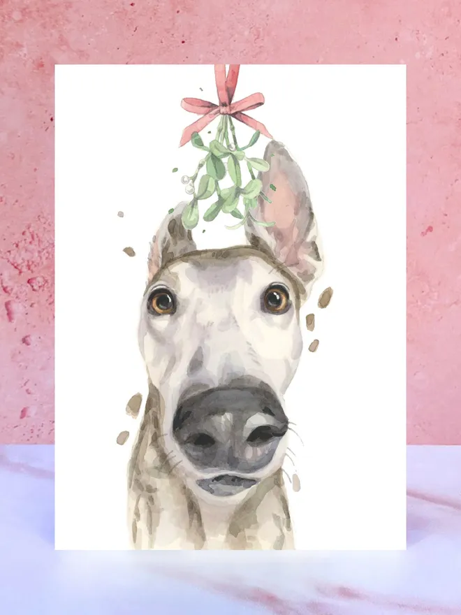 greyhound dog mistletoe christmas card