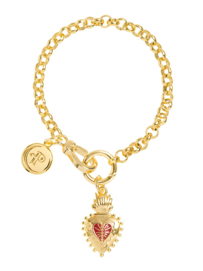 Gold belcher chain bracelet with a gold and red sacred heart charm on a white background