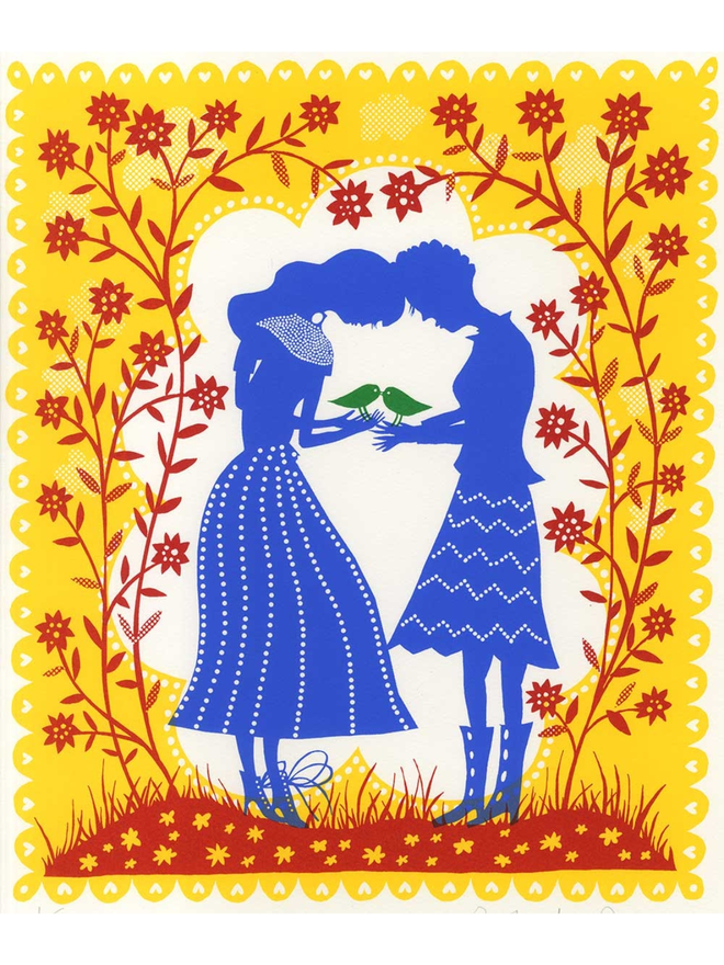 Female and Female VERSION. Bird People Screen print. Screenprint with a yellow background, red floral details and two blue figures holding two green birds in the centre.