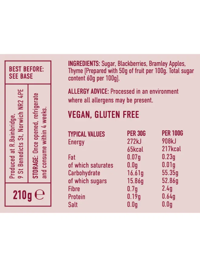 Norfolk Hedgerow (Set Of 1, 2 Or 3), the nutritional information of the chutney
