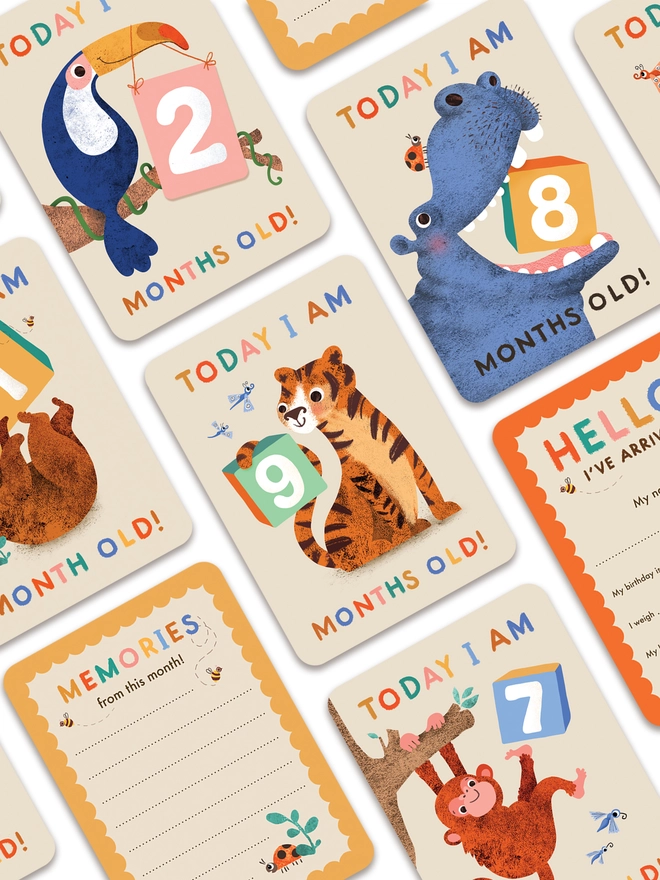 illustrated animal themed baby milestone cards by Emily Nash Illustration- postcard keepsake multipack for babies