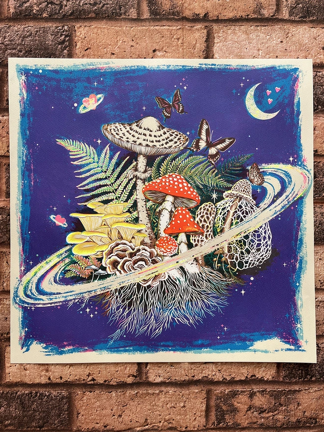 Planet o' Loveshrooms space mushroom screenprint by Kath Leone art