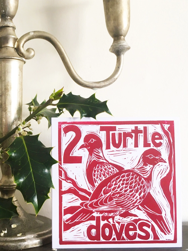 Christmas card Two Turtle Doves The Twelve Days of Christmas linocut design by Kate Guy
