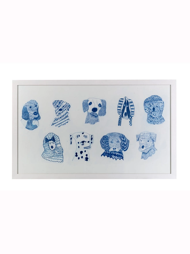 Framed original artwork for blue dogs 100% organic cotton charity tea towel featuring blue sketched dogs