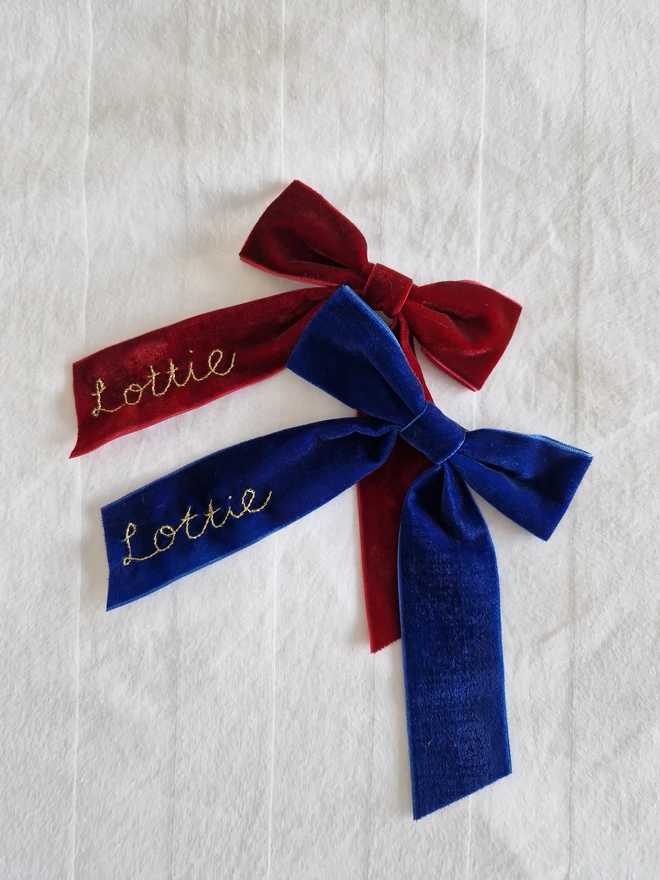 hand embroidered velvet name hair bow clip