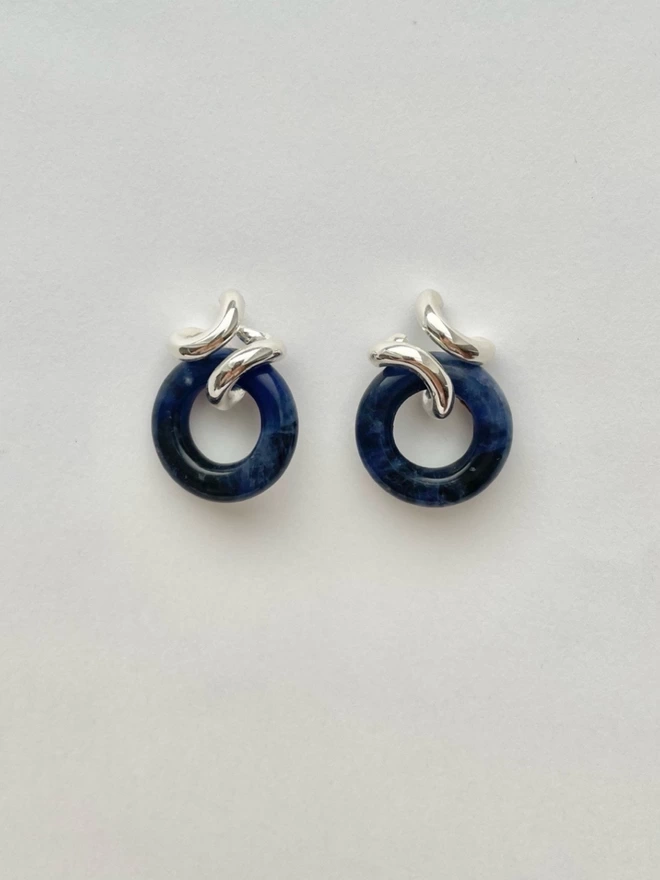 contemporary sterling silver and blue sodalite hoop earrings 