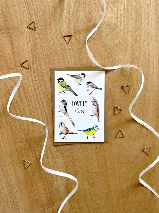 A greetings card featuring a range of tit birds found in Britain with the phrase “lovely tits”