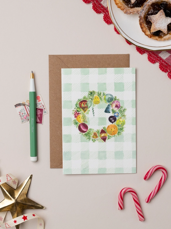 Christmas Wreath Gingham Christmas Card 