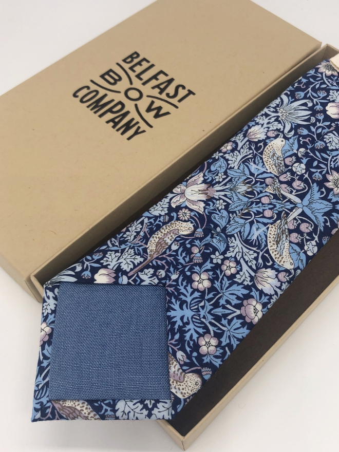 Navy Blue Strawberry Thief Tie handmade by the Belfast Bow Company