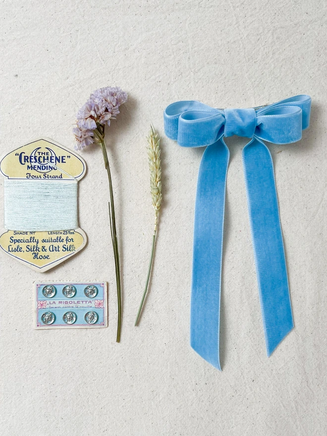 Light blue velvet hair bow for girls in light sky blue with vintage haberdashery
