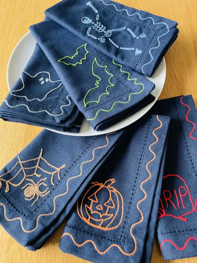 Set of 6 Embroidered Halloween Napkins