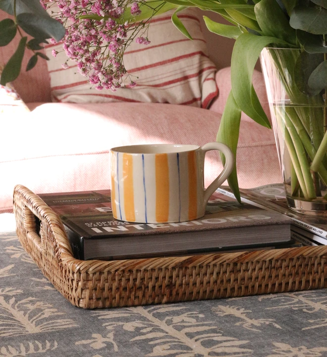 Yellow and blue striped hand made ceramic mug