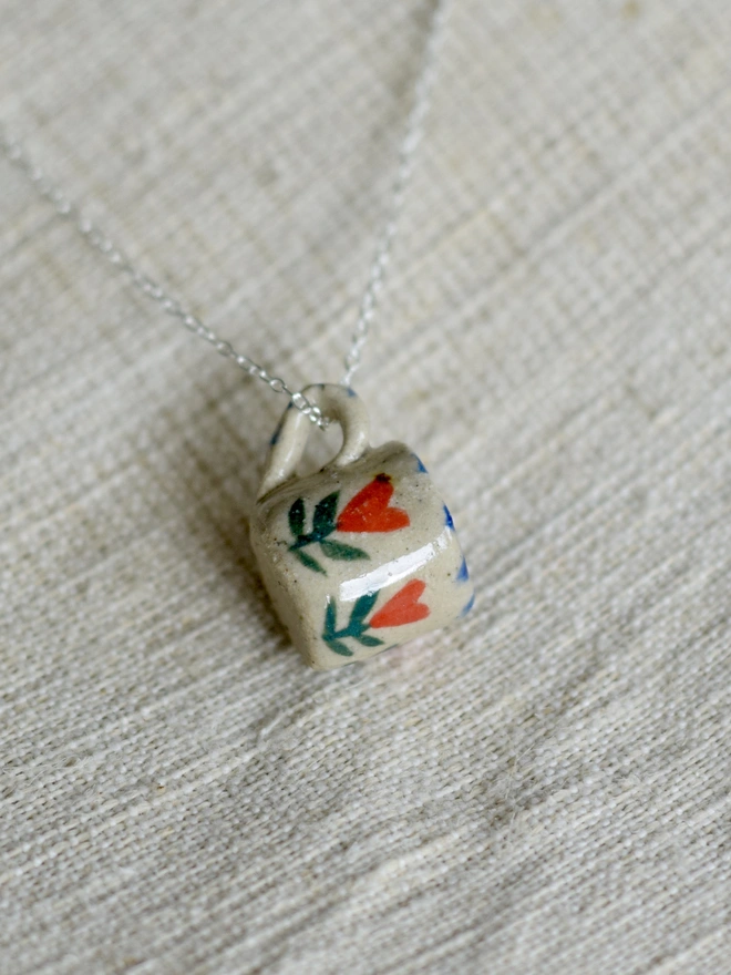 handmade miniature mug necklace pendant with hearts 