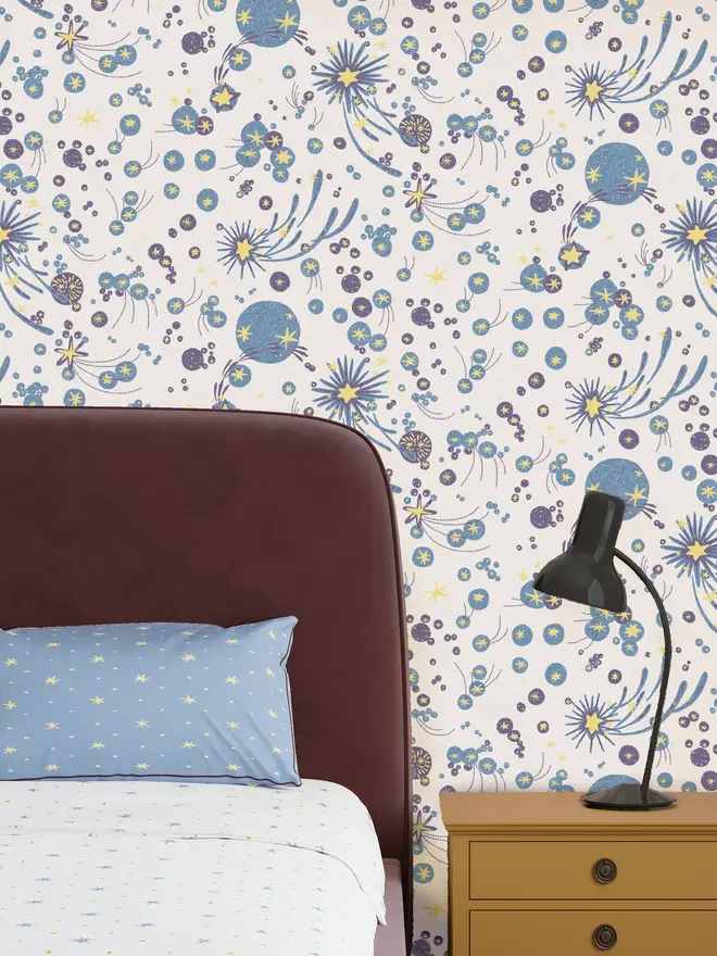 Solaris Wallpaper, a living room with a colourful wallpaper.