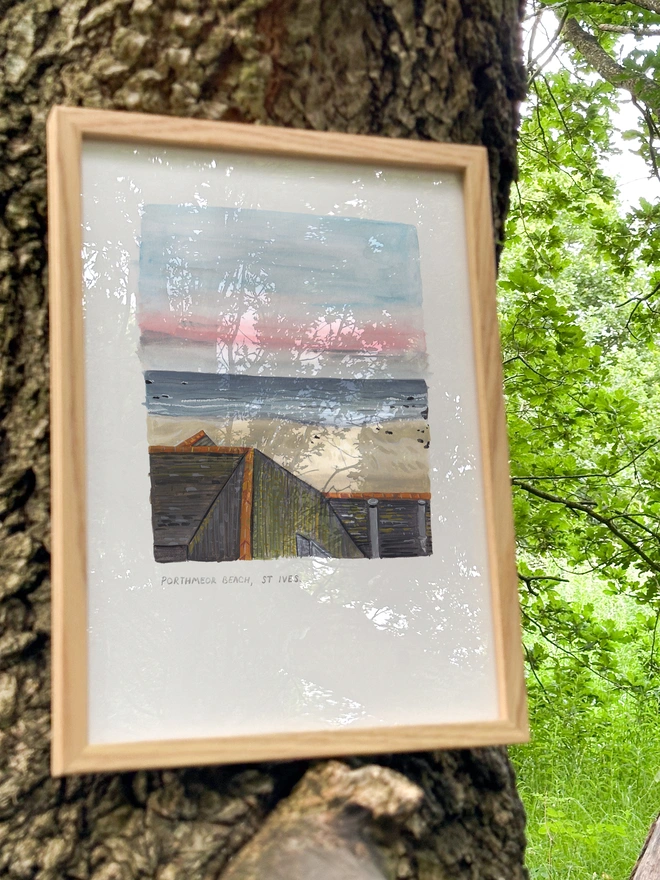 an illustration of a view of the rooftops over to porthmeor beach in st ives cornwall