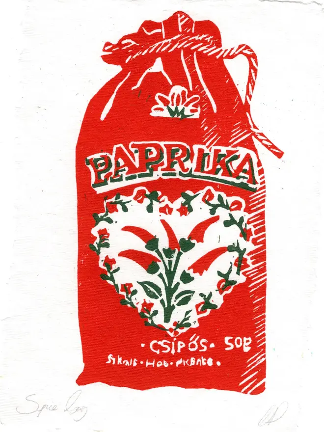 Lino Print Paprika Spice Bag On Handmade Paper