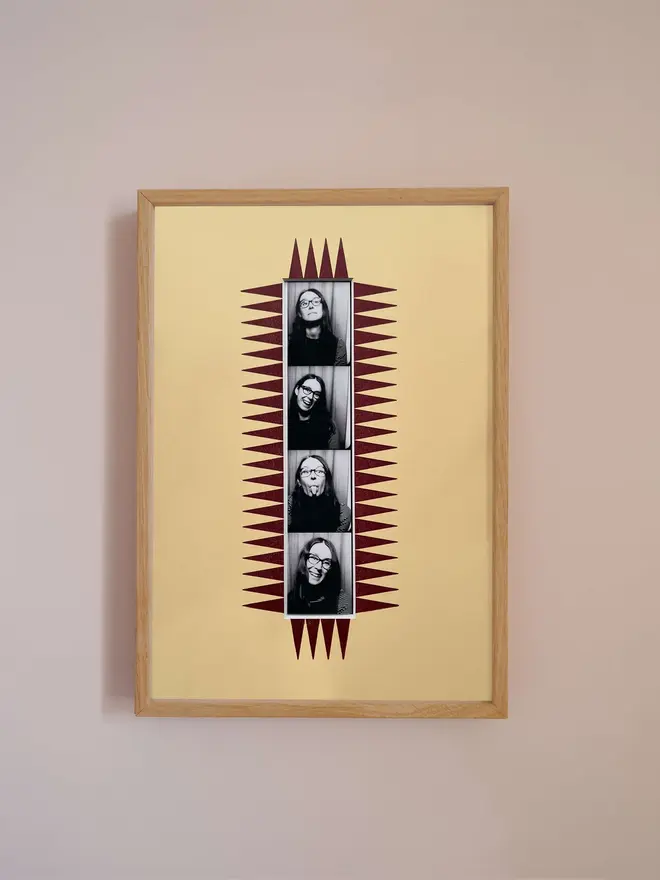 The chevron autofoto Strip Mount frame with a yellow mount featuring a decorative frill border around a centered Instax Square photo, displayed on a neutral beige wall.