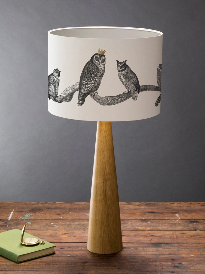 Handmade vintage owl lampshade featuring a parliament of illustrated owls perched together, created from antique animal etchings with monochrome details