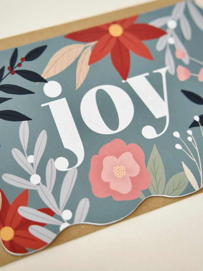Joy botanical floral Christmas card green and pink
