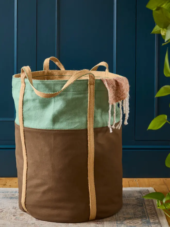 Handmade Irish linen and canvas storage drum 60cm tall named The Kika Drum, available in oatmeal jade and dark coral, Kika Bespoke