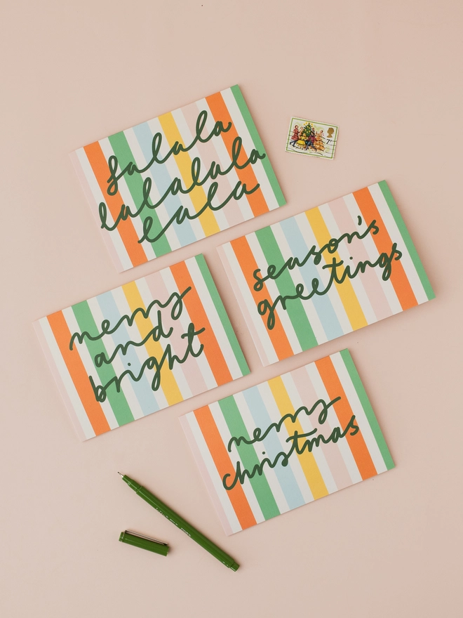 Merry and bright striped card with three other striped seasonal cards 