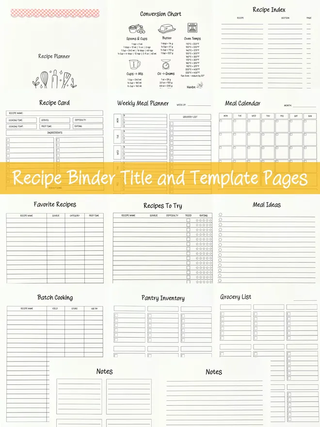 Collage of recipe binder title, conversion chart and 12 template master pages including recipe card, meal calendar, grocery list & more. Yellow band across middle saying, 'Recipe Binder Title and Template Pages'.