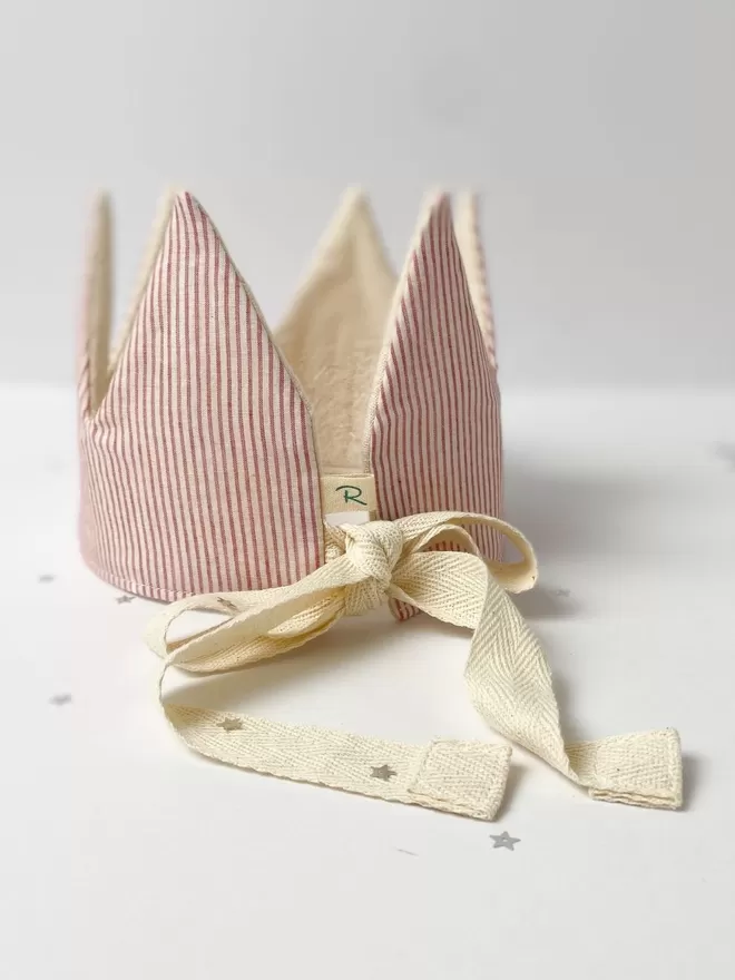 Circus Stripe Crown from the back with view of cotton adjustable ties.