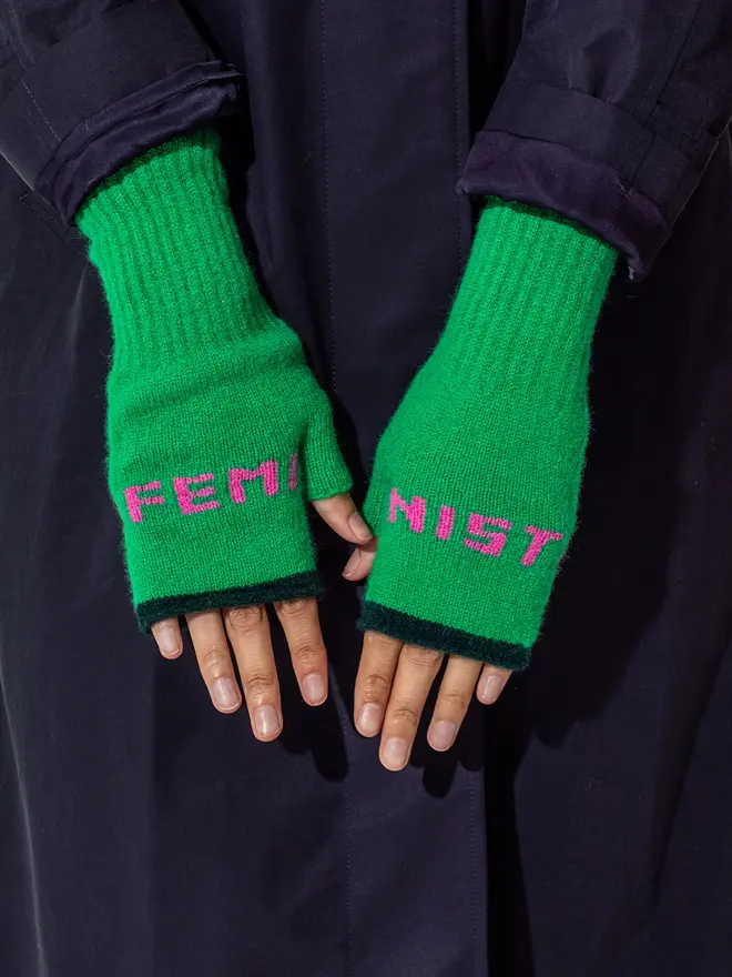 Feminist Mittens - Main - Kelly Green Trim - Forest green  Wording - Bubblegum