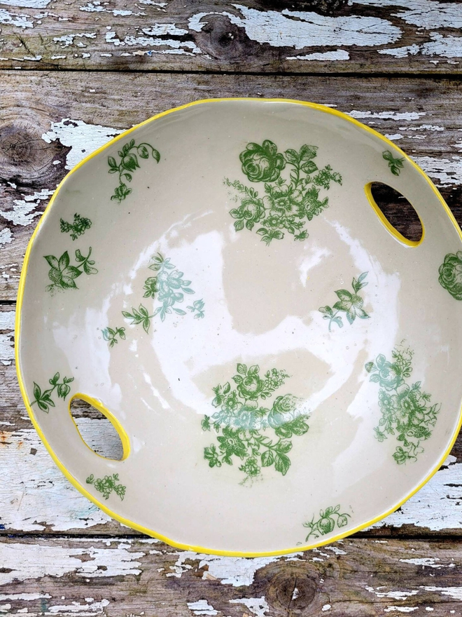 Floral White Ceramic Dish With Cut Out Handles