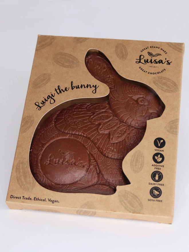 Casholate Luigi Chocolate Bunny in a closed biodegradable box