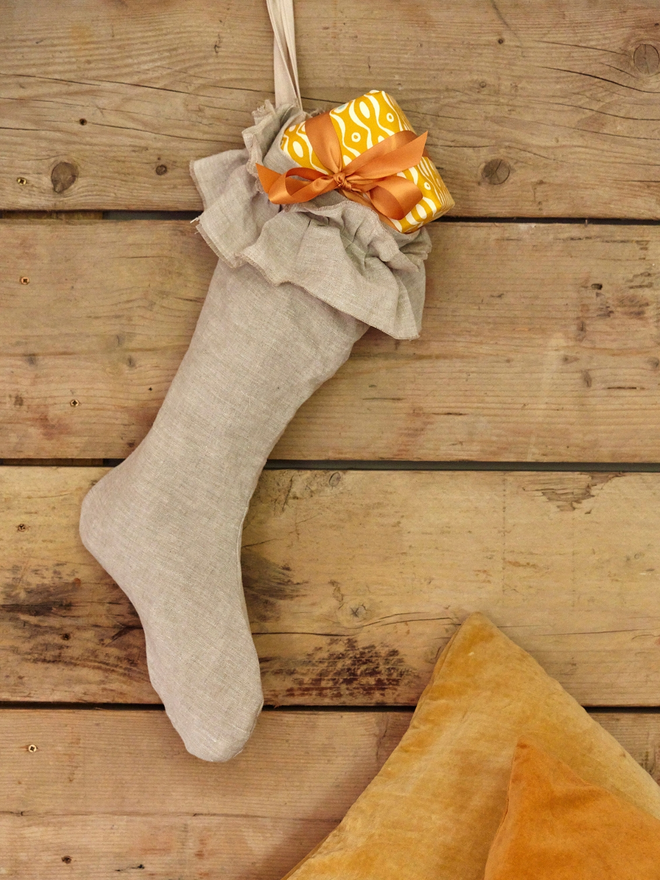 Linen ruffle Christmas stocking