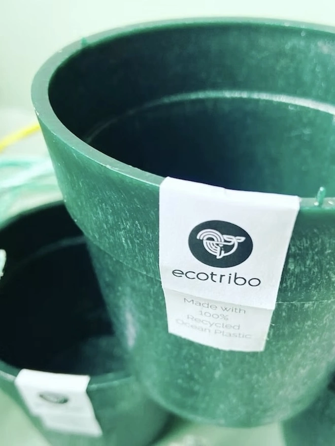 Small Green Ocean Plastic Plant Pot, a group of green recycled plant pots against a colourful backdrop. 