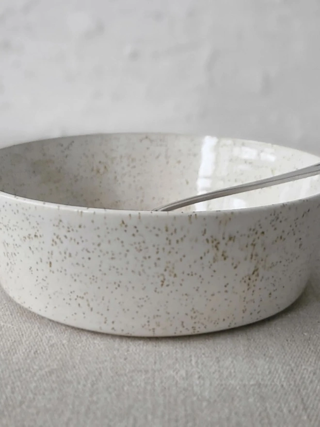 Classic Pasta Bowl, a colourful ceramic bowl sitting on a plain surface against a grey backdrop. It is accompanied by a spoon. 