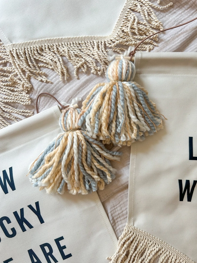 How Lucky We Are decorative wall hanging banner with tassels