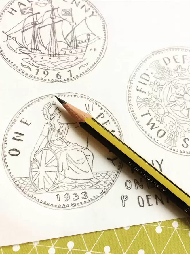 The designs for the love tokens, based on old English coins, 1 old penny 1 halfpenny & 2 shillings
