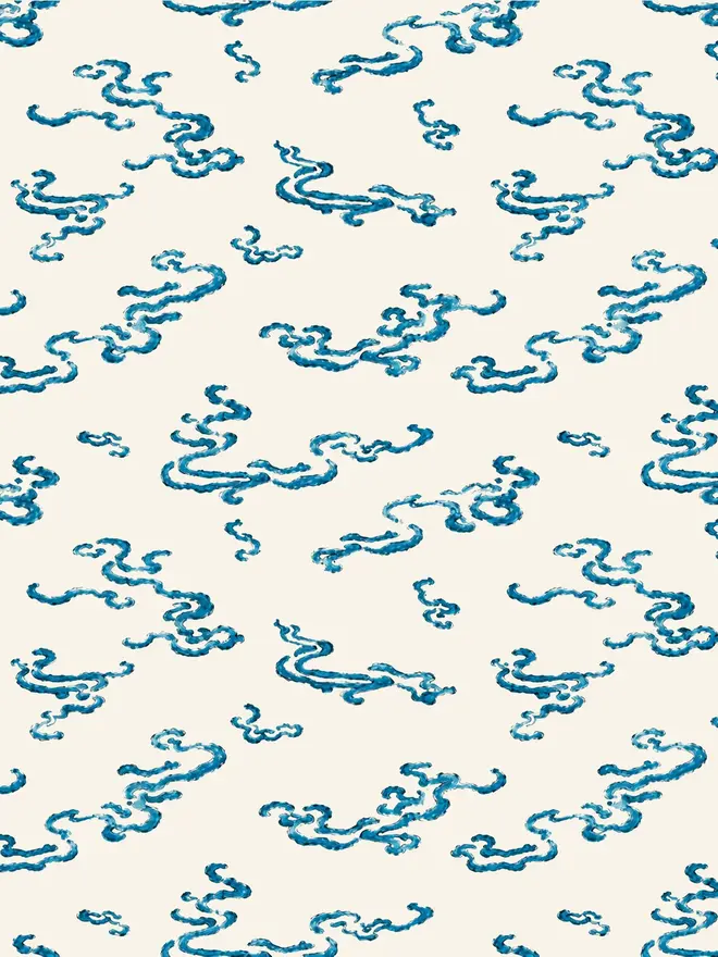indigo waves illustrated wallpaper. a cream background wallpaper with blue waves.