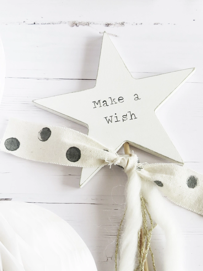 handpainted wooden star cake topper with make a wish message